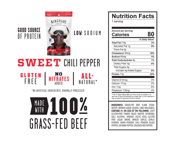 Kingmade Jerky, Sweet Chili, 100% Grass Fed Beef, Gluten Free, All Natural