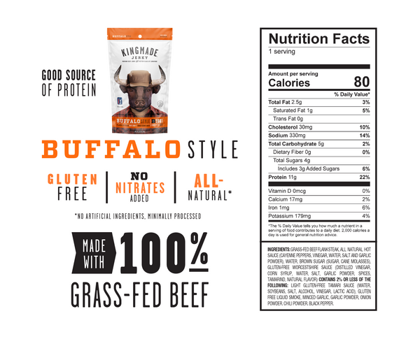 Kingmade Jerky, Buffalo Style, 100% Grass Fed Beef, Gluten Free, All Natural